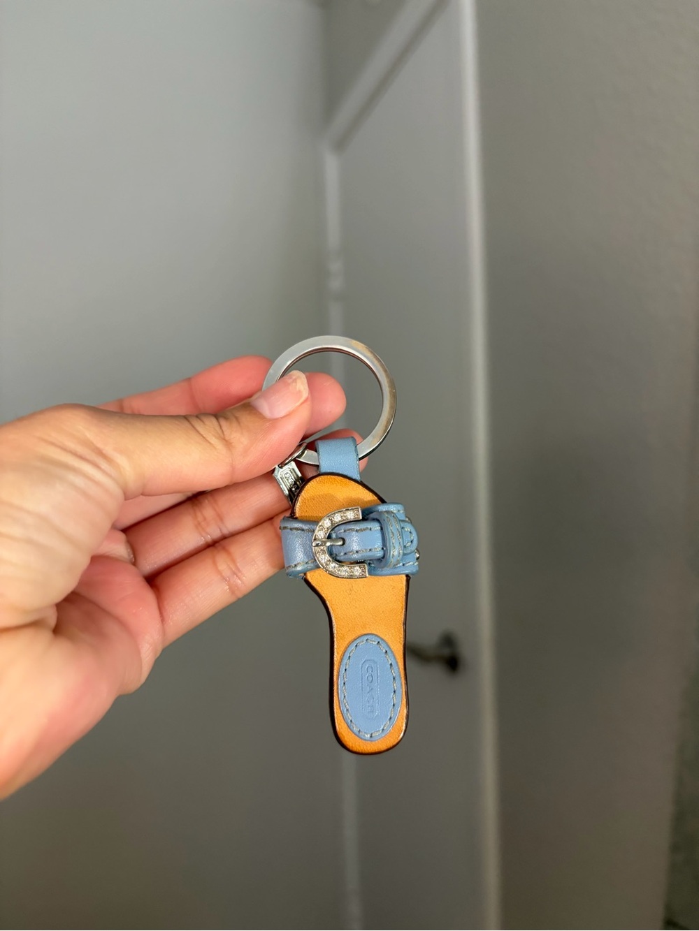 Coach Blue and Tan Flip-Flop Keychain with Silver Hardware & Swarovski Crystals